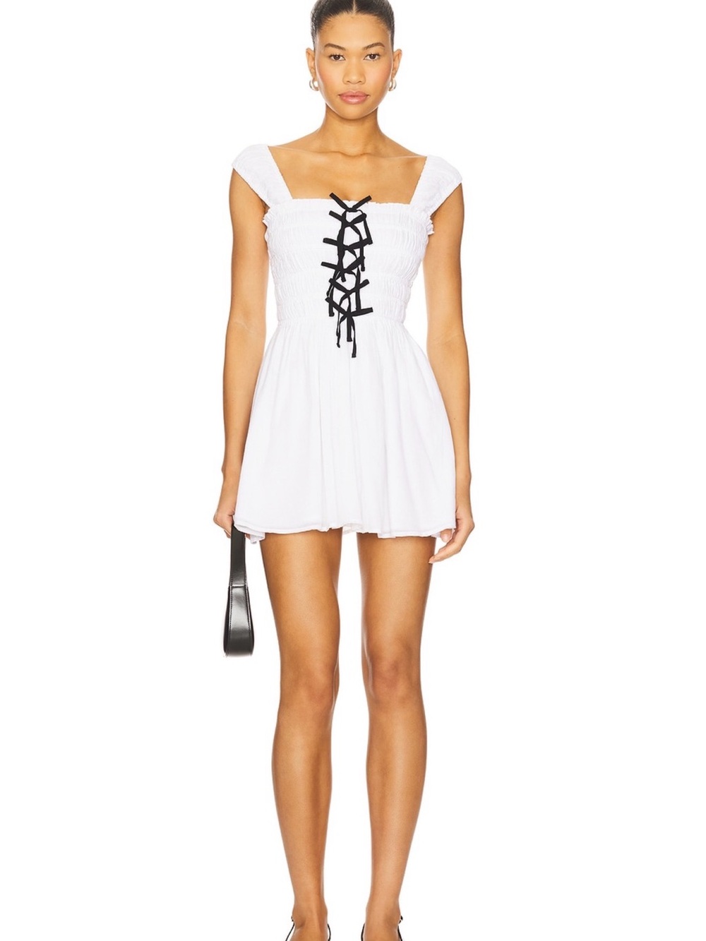 Show Me Your MuMu White Smocked Mini Dress with Black Lace-Up